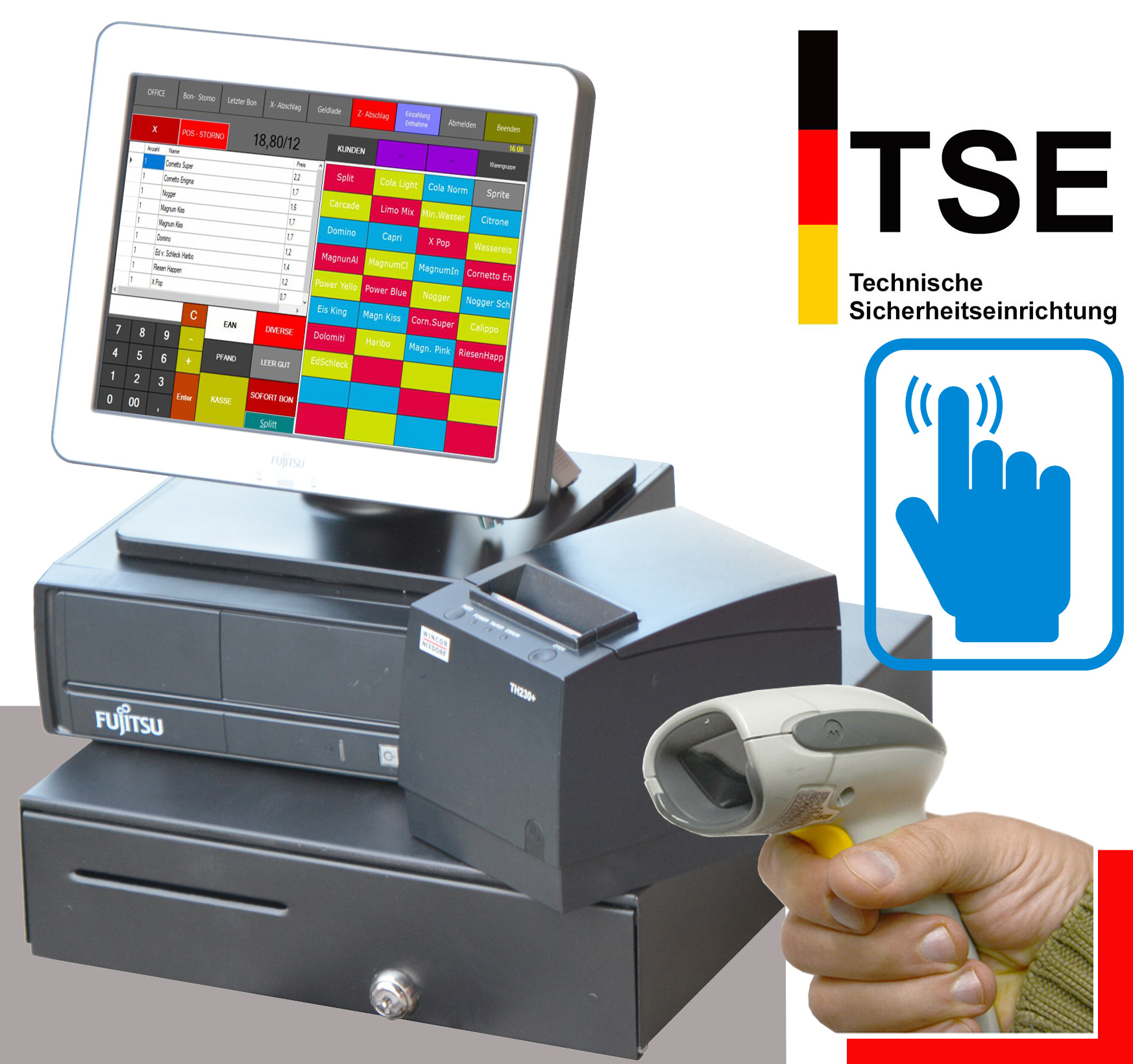 Laser-Scanner für Handel für 2020 TSE Touch KASSE mit 15" Monitor Bondrucker 