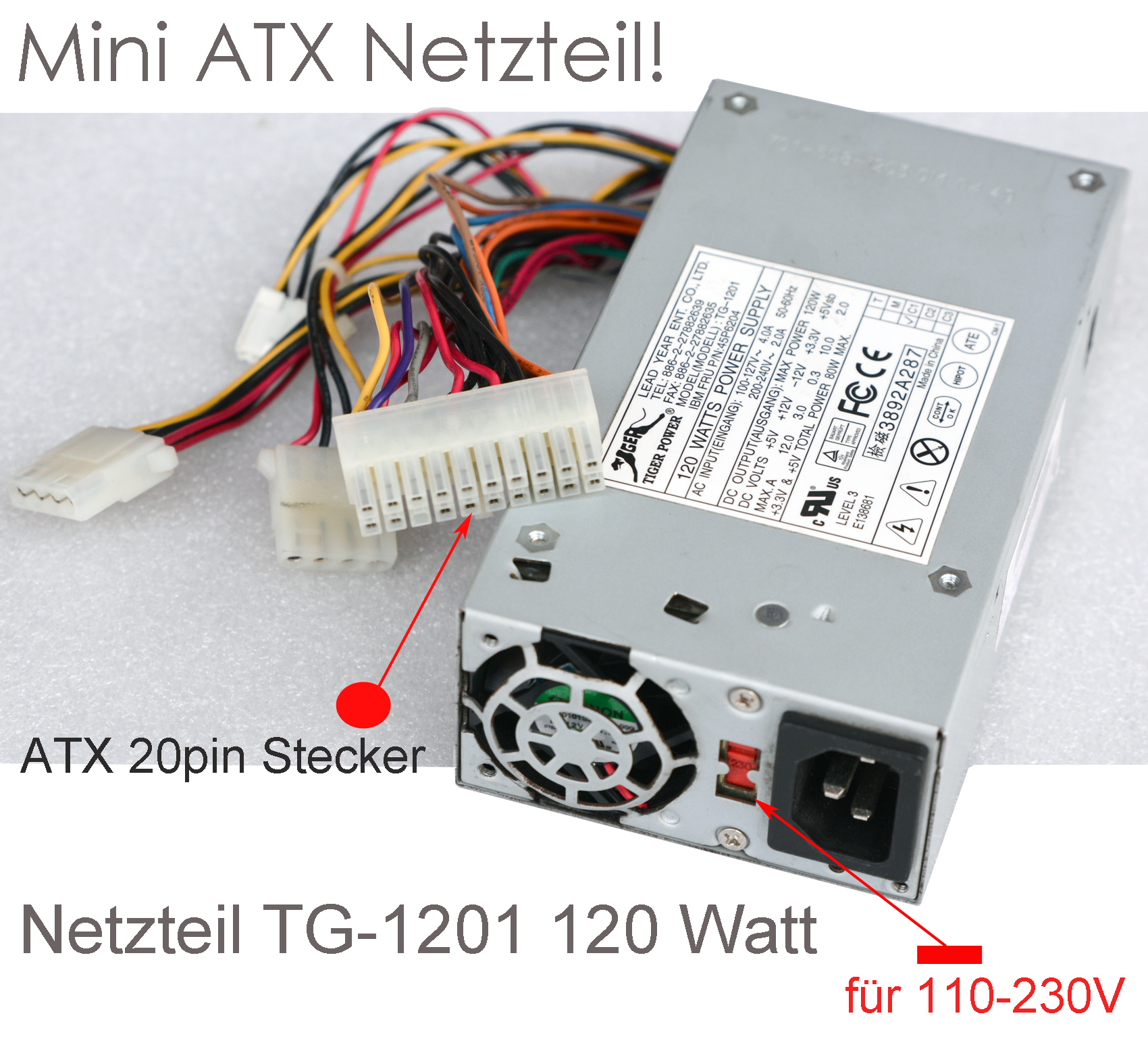 Kleines ATX Netzteil Power Supply Power Tiger TG-1201 20-Pin ATX